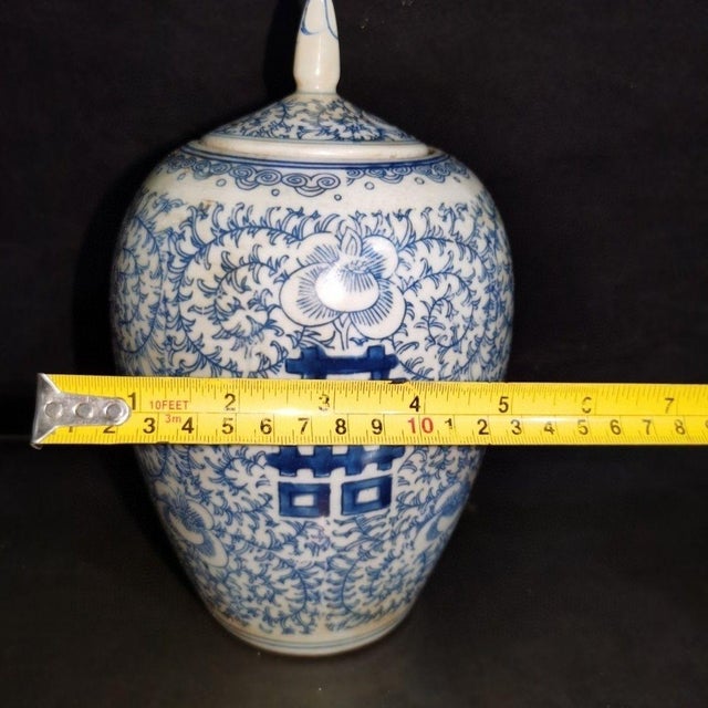 Blue Blue and White Double Happiness Melon Ginger Jars - Pair - 8.7" H For Sale - Image 8 of 8