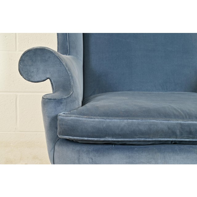 Wood Kindel Furniture Chippendale Carved Mahogany Blue Velvet Upholstered Wingback Lounge Chair For Sale - Image 7 of 15