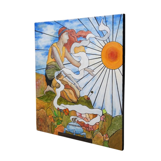 Late 20th century oil on canvas painting "After Tiffany's Woman Greeting the Sun" - a painted recreation of one of Tiffany...