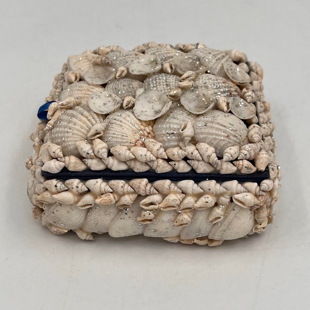 Textile Vintage Coastal Sailors Valentine Shell Encrusted Trinket Box Blue Interior For Sale - Image 7 of 9