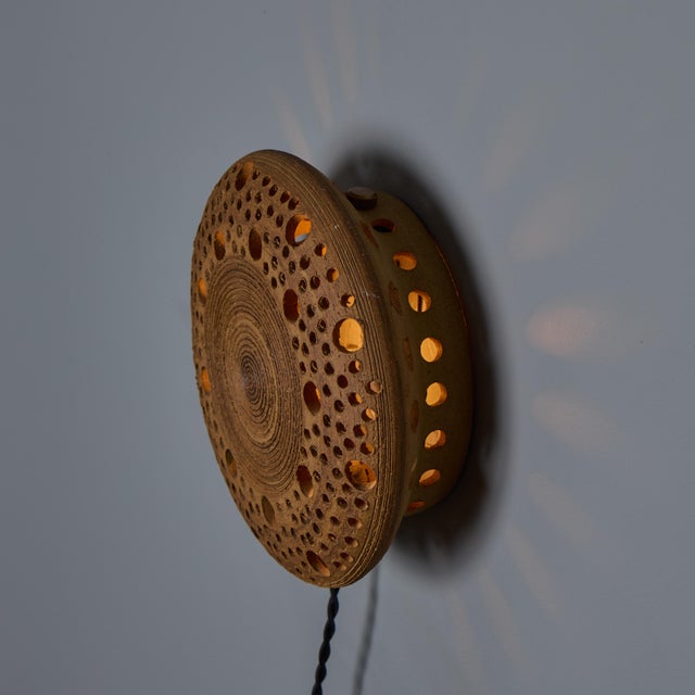 Early 1970s Per Bovin Hand Thrown Perforated Earthenware Plug-in Wall Lamp For Sale - Image 15 of 18