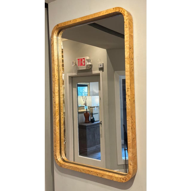 Original retail $1050, stylish Villa and House Modern Burl Wood Emil Wall Mirror, showroom floor sample