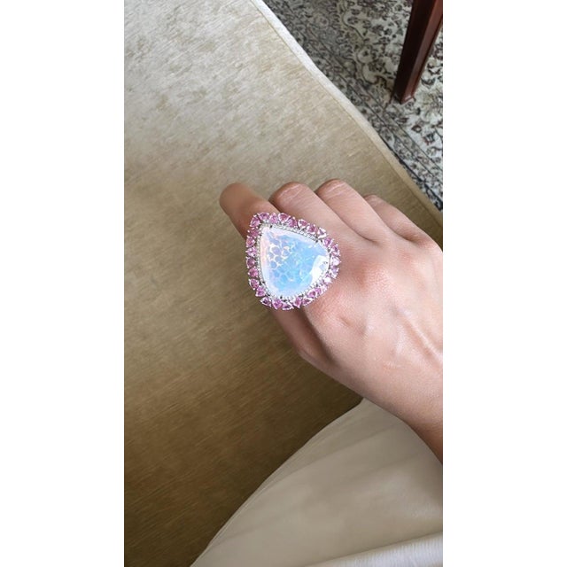 Modern 29.59 Carat Ethiopian Opal, Pink Sapphire & Diamond Cocktail Ring/ Pendant Necklace, Size 6 For Sale - Image 3 of 16