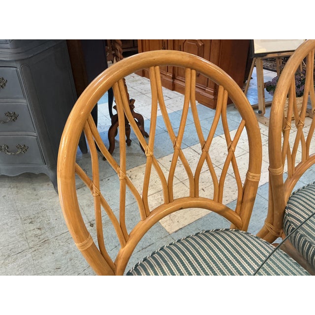 MCM Rattan Bamboo Dining Room Table Set 6 Chairs Glass Top Green Cushions For Sale - Image 11 of 12