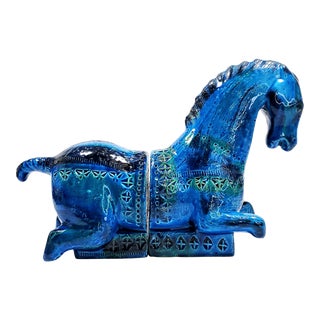 1960s Italian Bitossi Ceramic Tang Horse Sculpture Bookends by Aldo Londi Imported by Raymor - Original Label Rimini Blue Color For Sale