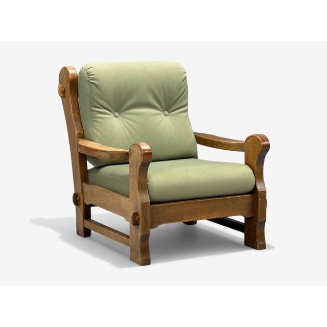 Mid-Century Modern Danish Modern, Oak, Green Nubuck, Brutalist Lounge Chair, Denmark, 1960s For Sale - Image 3 of 10