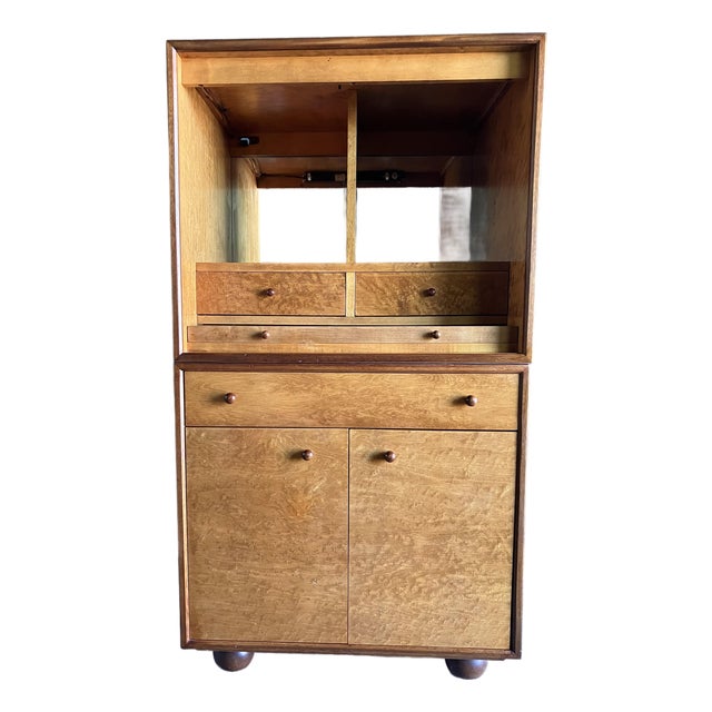 1980s Hickory Kaylyn "Gear" Mahogany & Birdseye Maple Bar Cabinet Storage Cabinet and Foot For Sale