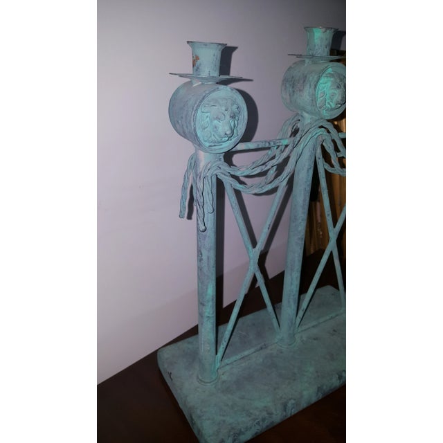 Lion Head Verdigris Patina Candle Holder by Guild Master For Sale - Image 4 of 12
