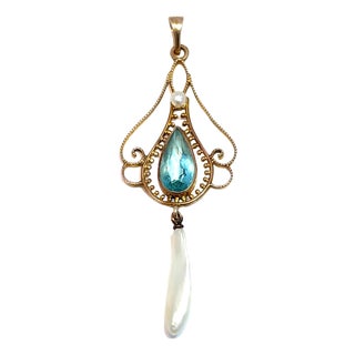 Vintage 10k Yellow Gold Aqua & Pearl Drop Pendant For Sale