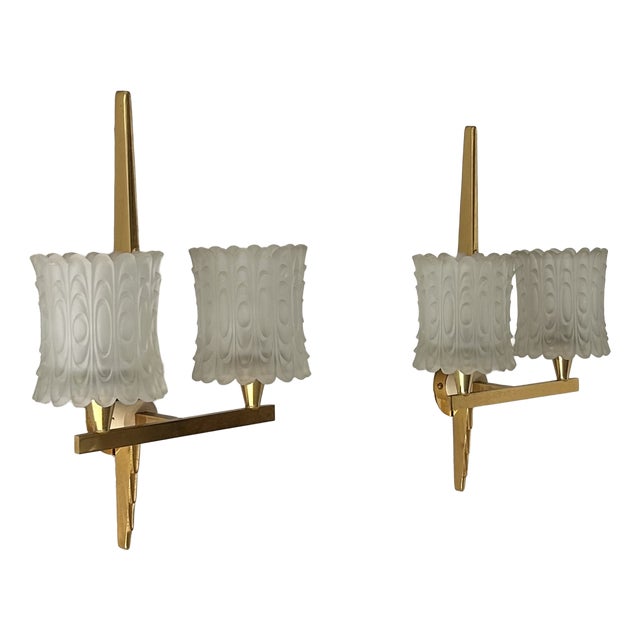 Double Wall Lights in Brass and Molded Glass from Maison Arlus, France, 1950, Set of 2 For Sale