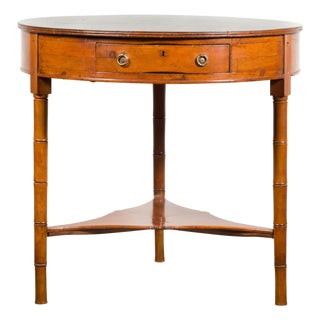 English 1860s Pine Center Table with Partitioned Drawer and Faux Bamboo Legs For Sale