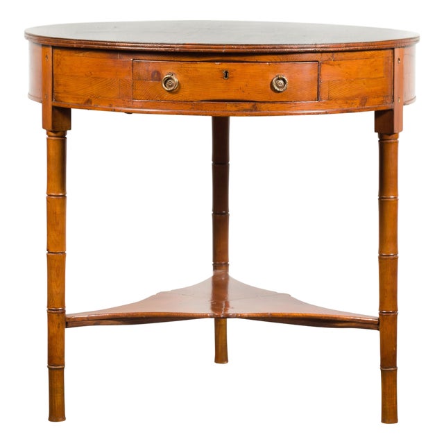 English 1860s Pine Center Table with Partitioned Drawer and Faux Bamboo Legs For Sale