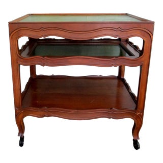 Vintage Wooden Three Tier Serving Cart With Sliding Shelf Tray For Sale