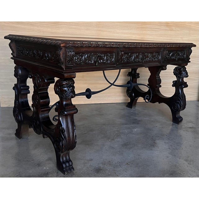 19th Century Spanish Two Faces Baroque Style Oak Library Table or Desk For Sale - Image 12 of 18