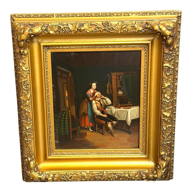 19th Century Biedermeier Genre Painting “The Surprise" Oil on Tin Original Frame For Sale