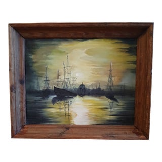 Vintage Framed Nautical Oil Painting on Canvas For Sale