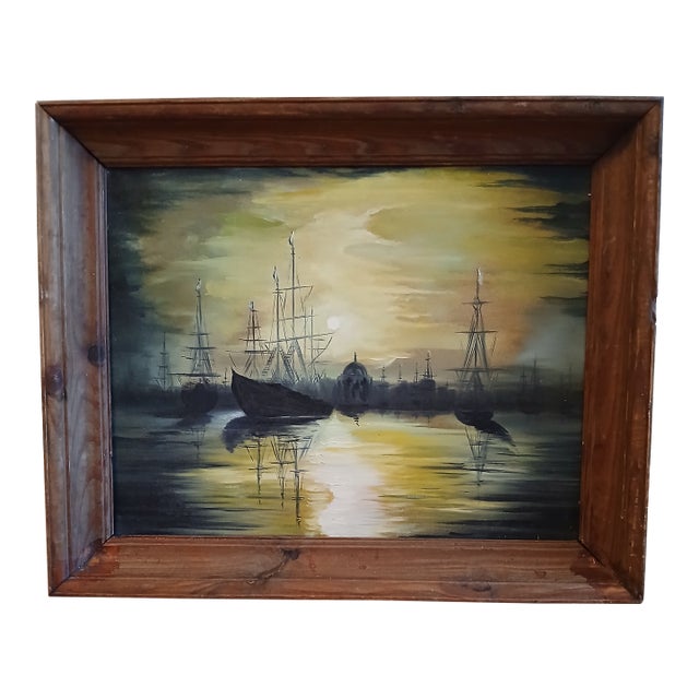 Vintage Framed Nautical Oil Painting on Canvas For Sale