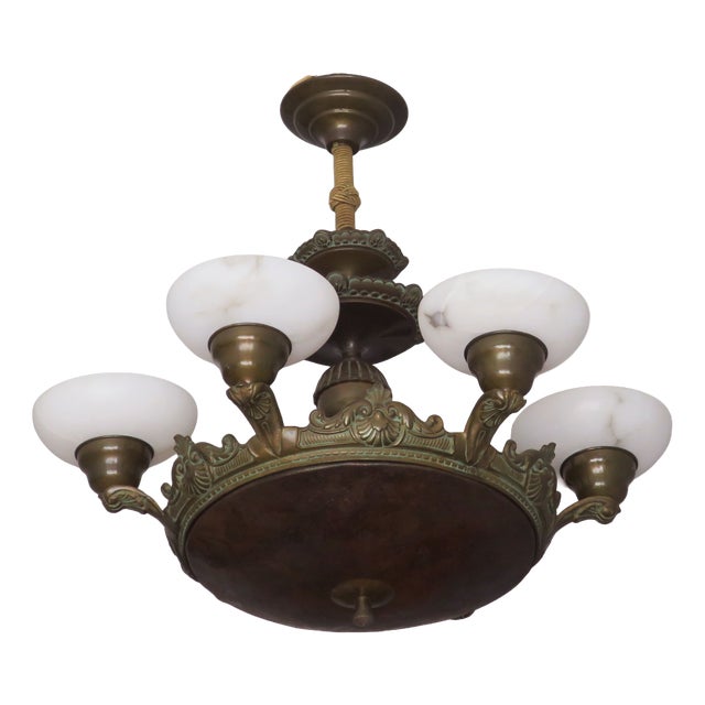 Antique Bronze and Alabaster Chandelier with Verdigris, 1910 For Sale