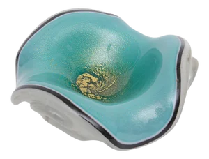 Vintage Seguso Vetri D' Arte Turquoise, Gray, Black With Gold Aventurine Pulegoso Murano CasedGlass Bowl