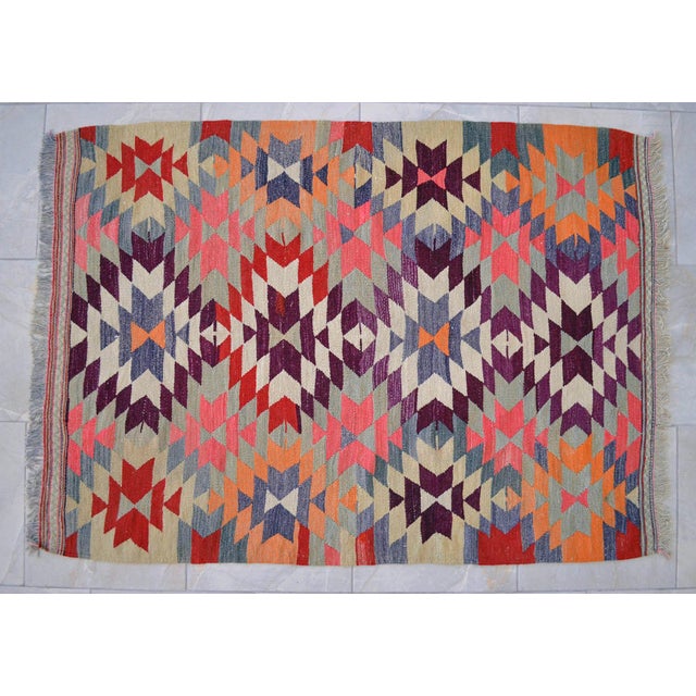 Textile Handmade Turkish Kilim Rug Diamond Pattern Area Rug - 3'7" X 4'10" For Sale - Image 7 of 13