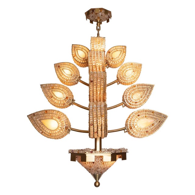 Spectacular, large beaded chandelier with foliate motif featuring a brass wire frame and German stained glass shades by...