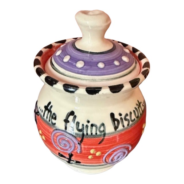 Vintage Signed "...The Flying Biscuit Cafe" Signed "...Polly Made Me..." Handpainted Ceramic Pottery Jar by 1990's Artist PollyAnne. For Sale