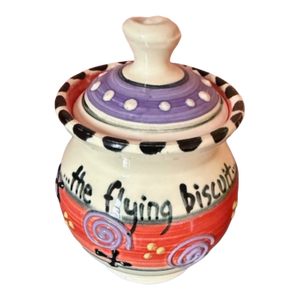 Vintage Signed "...The Flying Biscuit Cafe" Signed "...Polly Made Me..." Handpainted Ceramic Pottery Jar by 1990's Artist PollyAnne.