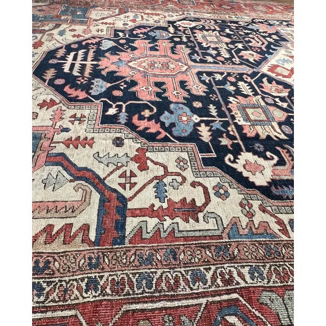 Navy Blue Mid 18th Century Persian Hand Knotted Antique Serapi Rug For Sale - Image 8 of 13