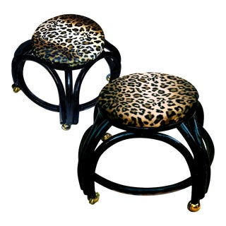 Art Deco Rattan Ottomans on Brass Swivel Casters With Leopard Print Covered Seat - Pair For Sale
