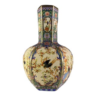 Mid 20th Century Elegant Hexagonal Chinese Porcelain Vase With Bird & Floral Cartouches, Gilt Accents For Sale
