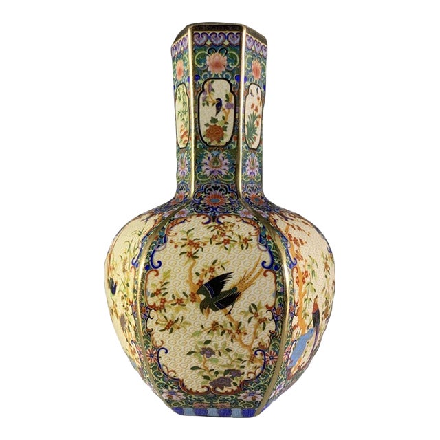 Mid 20th Century Elegant Hexagonal Chinese Porcelain Vase With Bird & Floral Cartouches, Gilt Accents For Sale