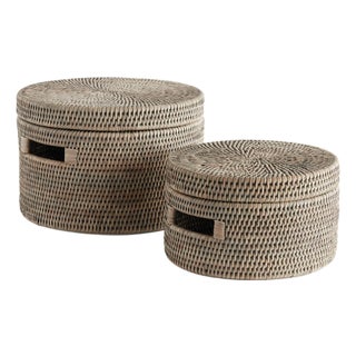 Burma Rattan Round Lidded Boxes, Set Of 2 For Sale