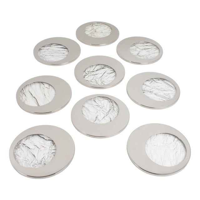 1970s Willy Rizzo Style Ice Effect Lucite and Chrome Coasters, 9 pieces For Sale