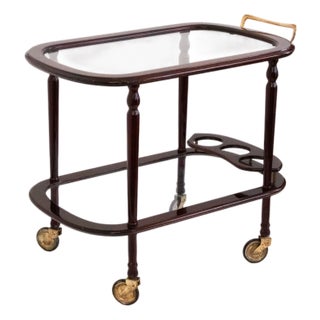 Vintage Two-Tier Serving Cart in Varnished Wood and Glass with Brass Details, 1940 For Sale