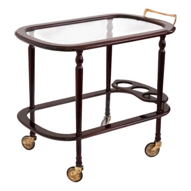 Vintage Two-Tier Serving Cart in Varnished Wood and Glass with Brass Details, 1940 For Sale