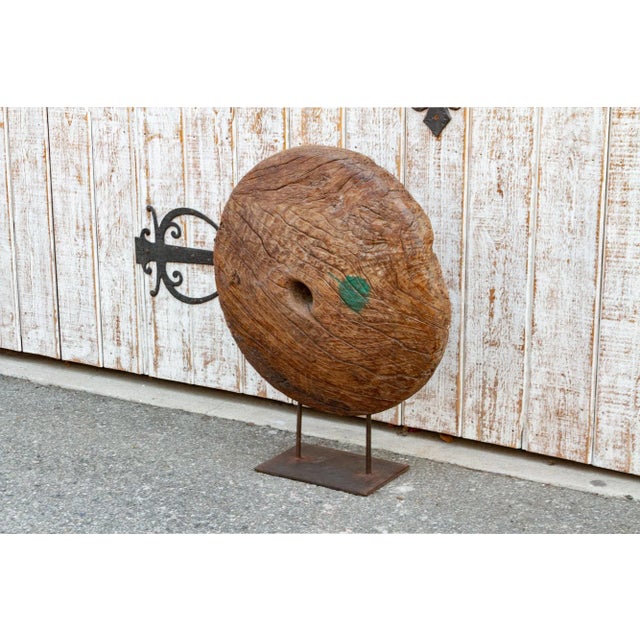 Indian Large Antique Teak Wheel With Iron Stand For Sale - Image 3 of 8