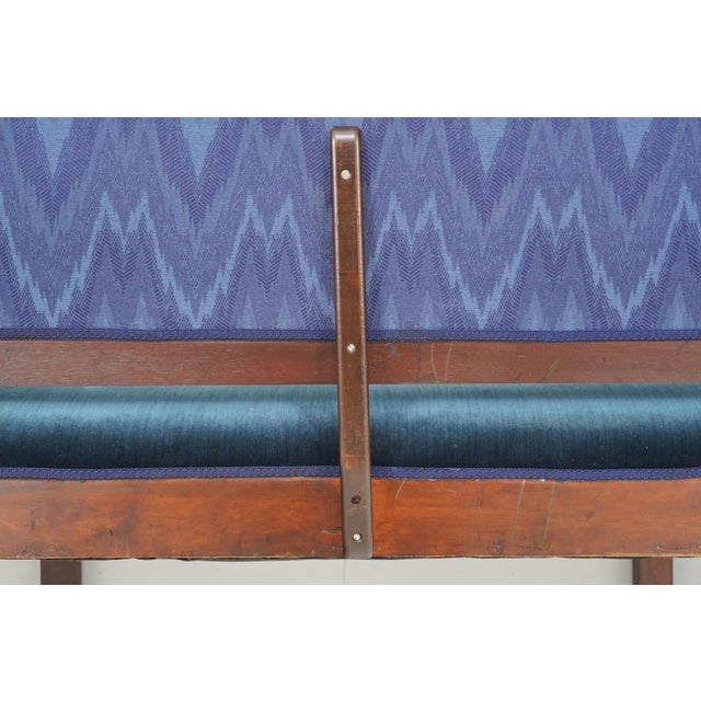 Mid 20th Century Traditional 121.75 In. Blue Velvet Walnut Settee Bench For Sale - Image 14 of 16