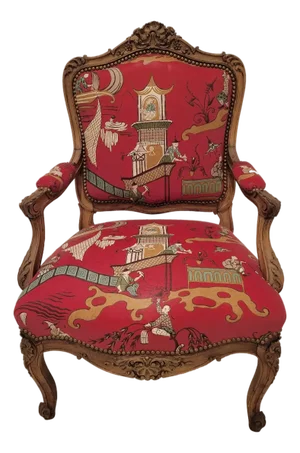 Louis XV Style Open Armchair in Scenic Red Chinese Print
