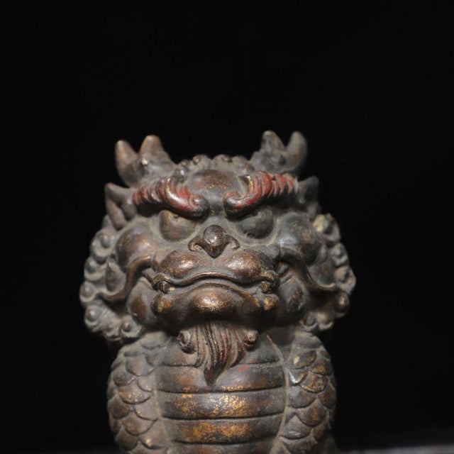 Bronze Late 19th Century Gilt Bronze Qilin Statue, Mythical Beast Figurine, 1.22kg For Sale - Image 8 of 9