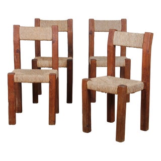 Vintage Wooden Straw-Seated Chairs, 1950, Set of 4 For Sale