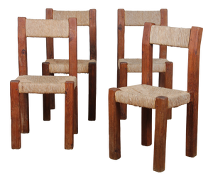 Vintage Wooden Straw-Seated Chairs, 1950, Set of 4
