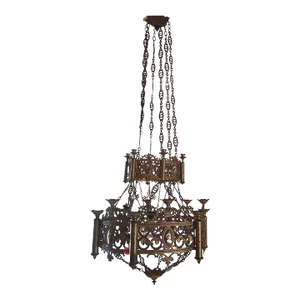 Large Late 19th Century Neoclassical Bronze Ecclesiastical Chandelier With Enamel Plaques