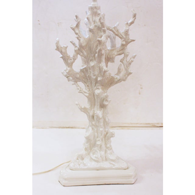 Mid-20th century ceramic faux bois blanc de chine glazed lamp. Italian. Wonderful tree form on triangular integral base....