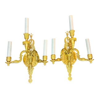 Pair Figural Swan 3 Light Wall Sconces Dore Bronze Brass Handmade Italy For Sale