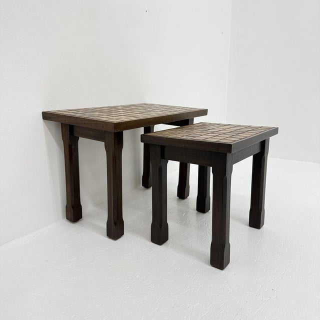 Vintage Brutalist Nesting Tables in Oak with Tile Top, 1970s, Set of 2 For Sale - Image 17 of 18