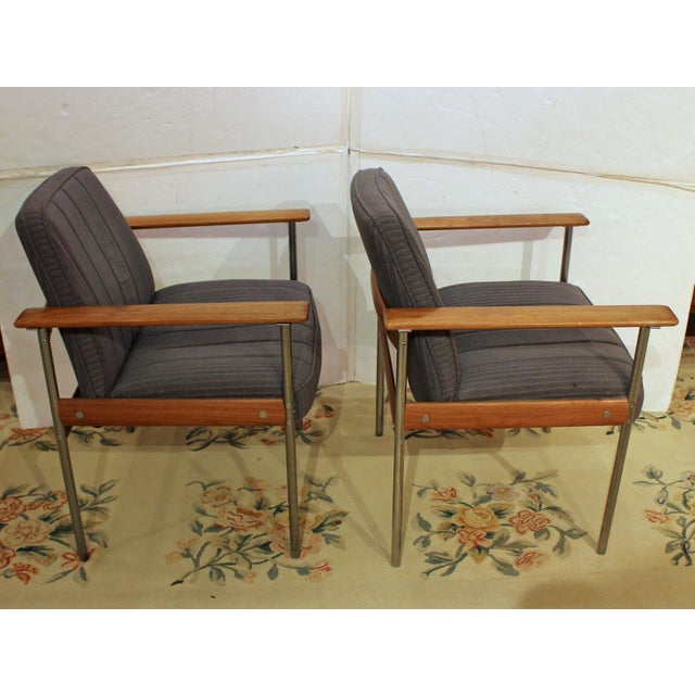 Dokka Mobler 1960s-70s Norwegian Pair of Teak & Steel Arm Chairs For Sale - Image 4 of 5