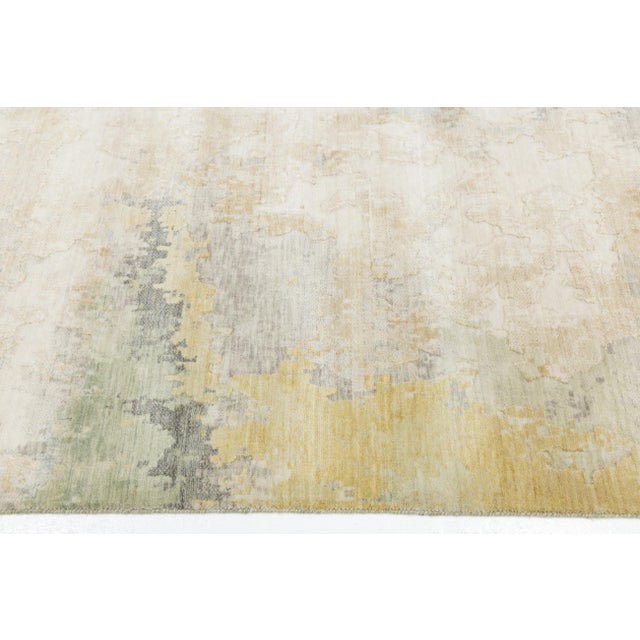 Abstract Watercolor Modern Area Rug – Sage Green, Gold, & Ivory Wool-Nylon Blend For Sale In New York - Image 6 of 10