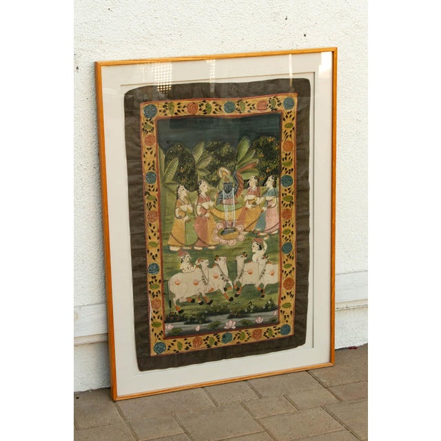 Mid 20th Century Sacred Pasture, Framed Vintage Pichwai Painting For Sale - Image 5 of 7