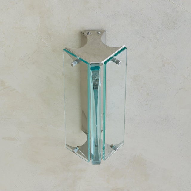 Modern Pair of Italian Chrome + Glass Sconces in the Manner of Fontana Arte, 1960s For Sale - Image 3 of 7