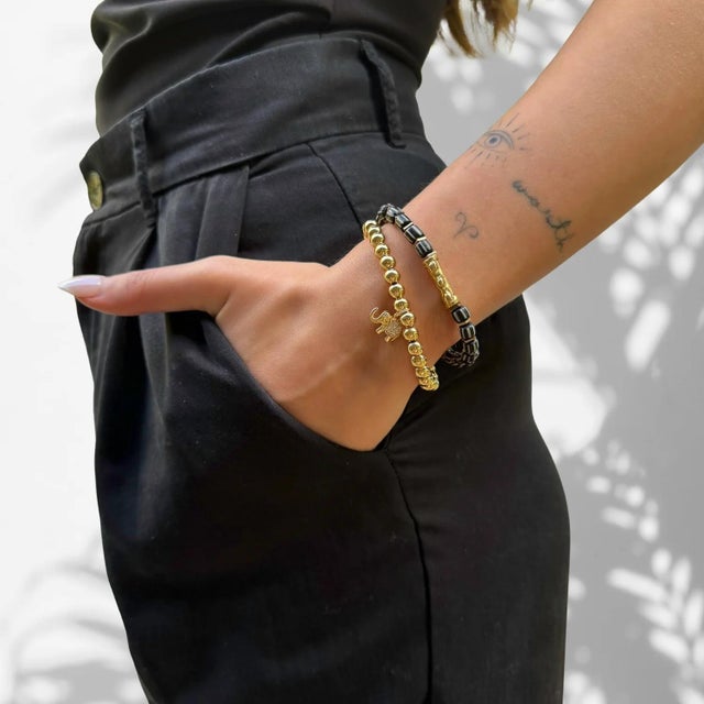 Lucky Gold Elephant & Ethnic Black Beaded Bracelet Set For Sale - Image 4 of 8